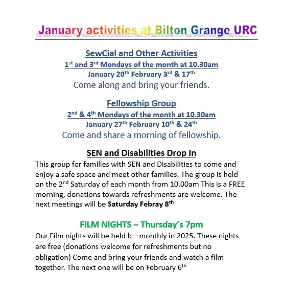 Upcoming Activities at Bilton Grange URC in January 2025