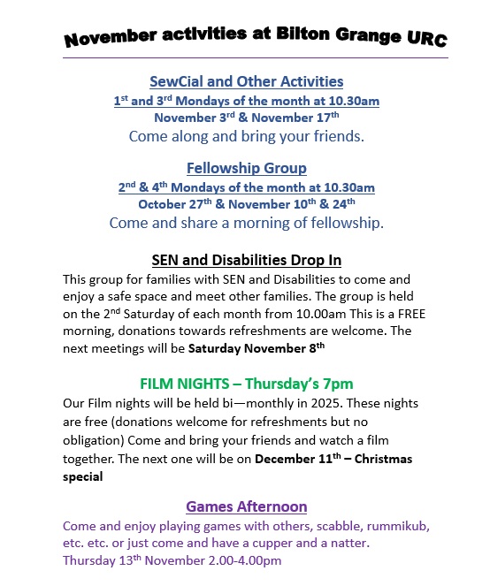 Upcoming Activities at Bilton Grange URC in November 2025