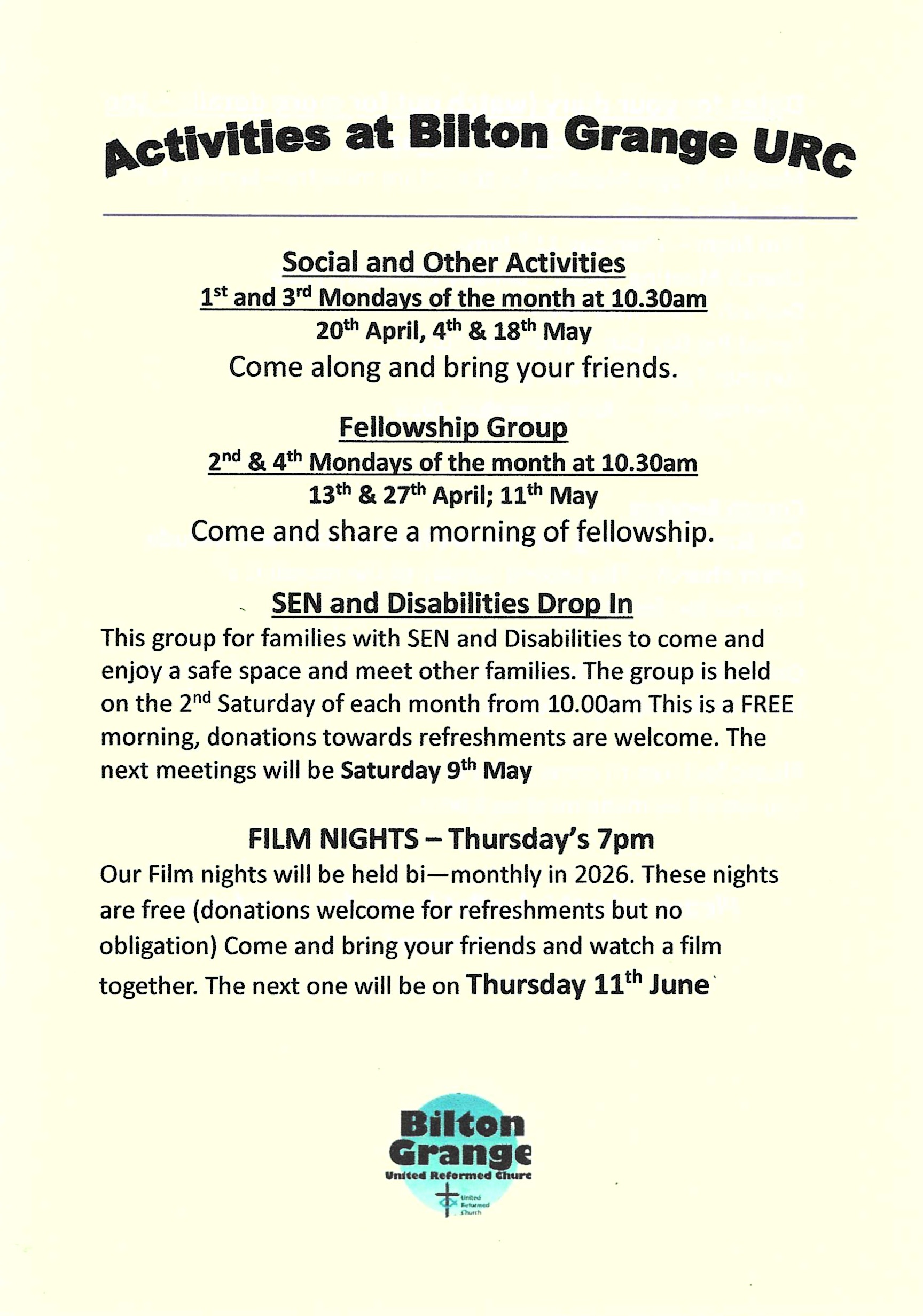 Upcoming Activities at Bilton Grange URC