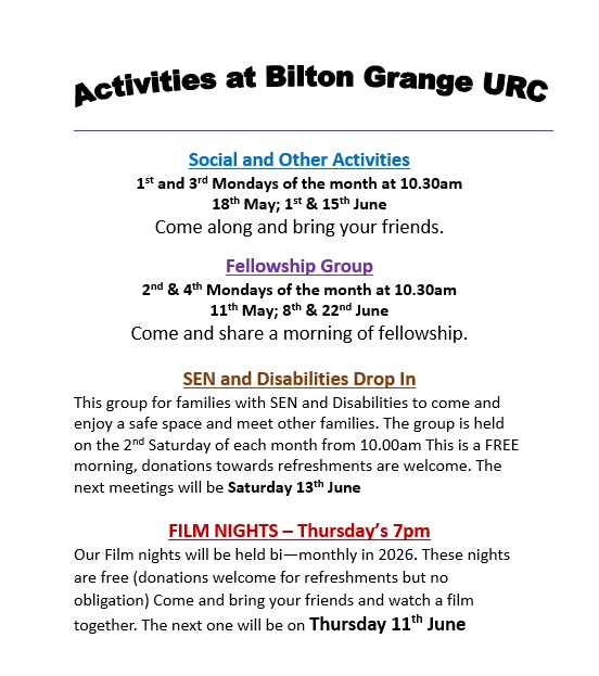 Upcoming Activities at Bilton Grange URC