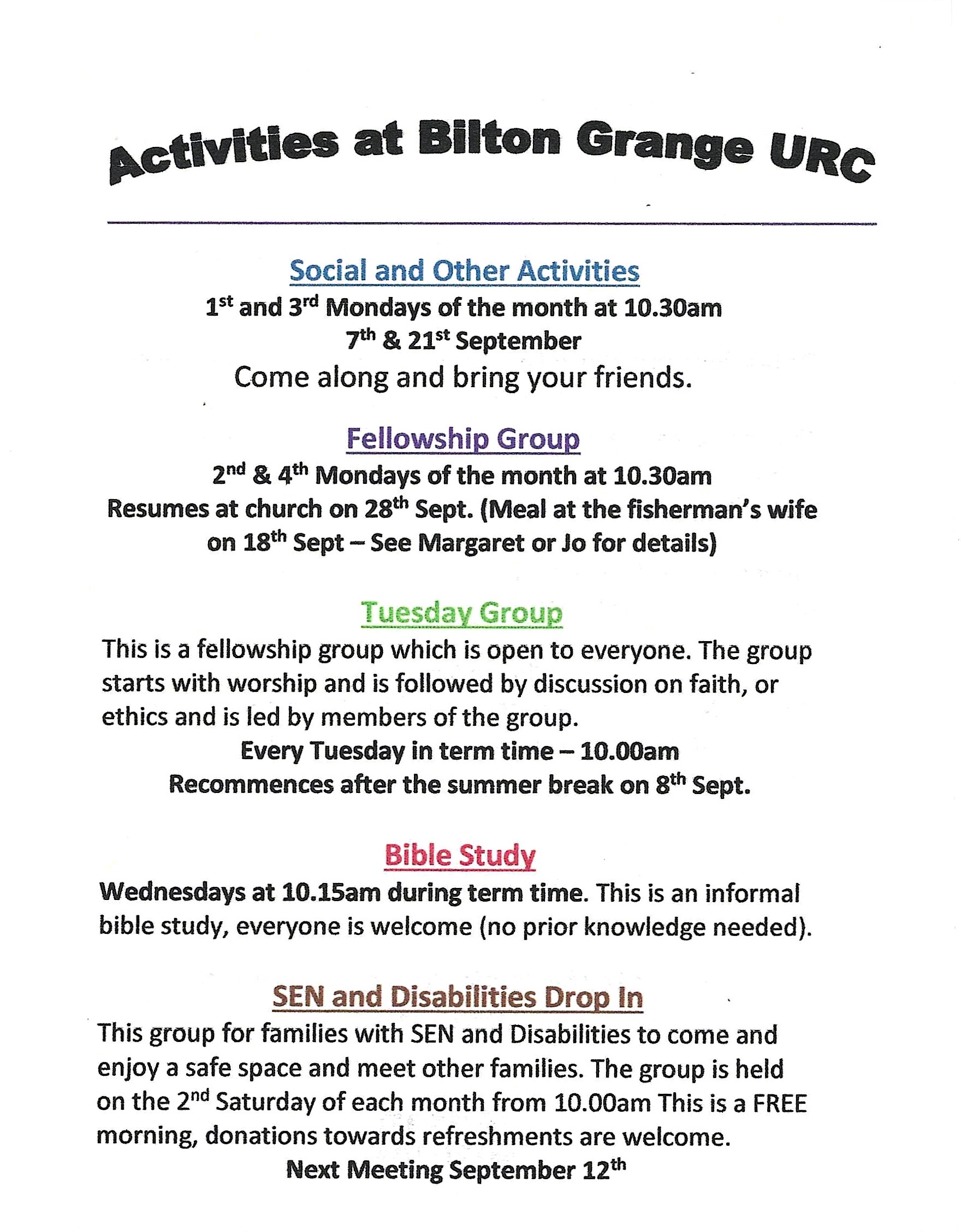 Upcoming Activities at Bilton Grange URC